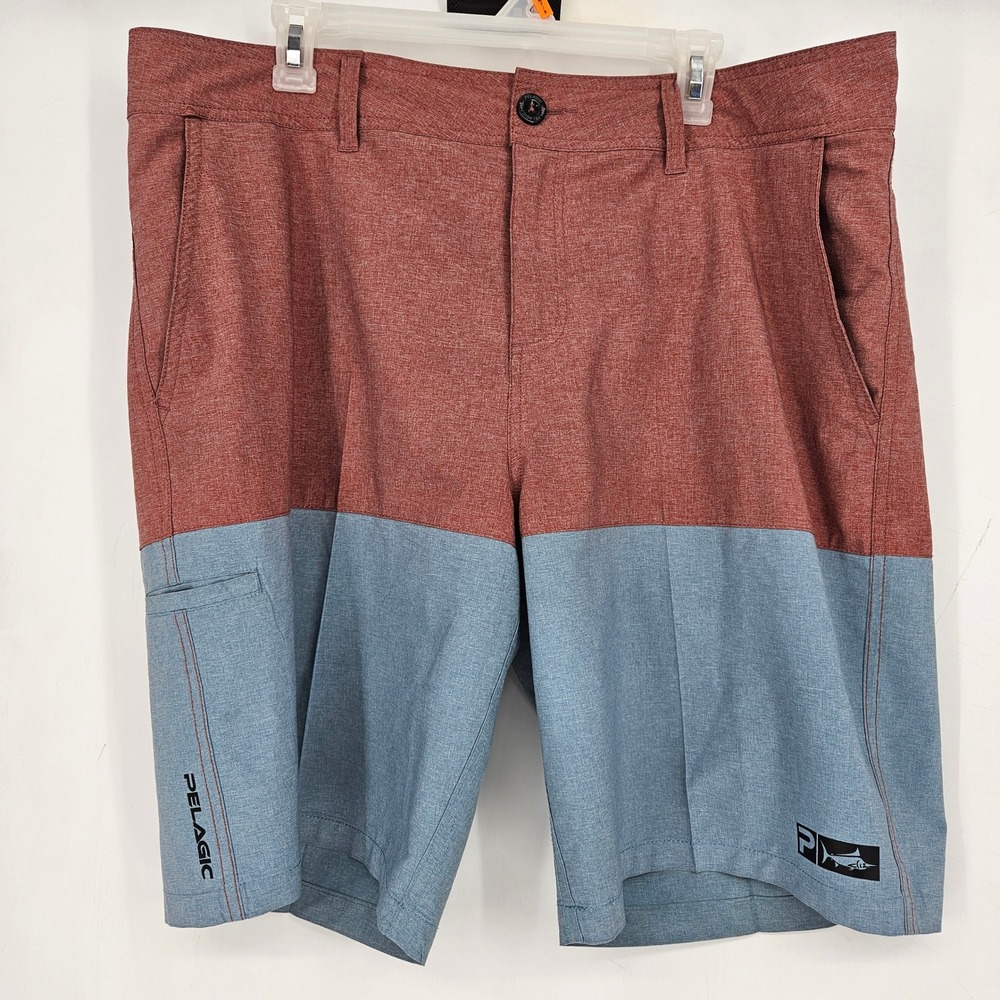 Pelagic Shorts Mens 38‎ Deep Sea Hybrid Board Fishing Trunks Blue Red Flat Front